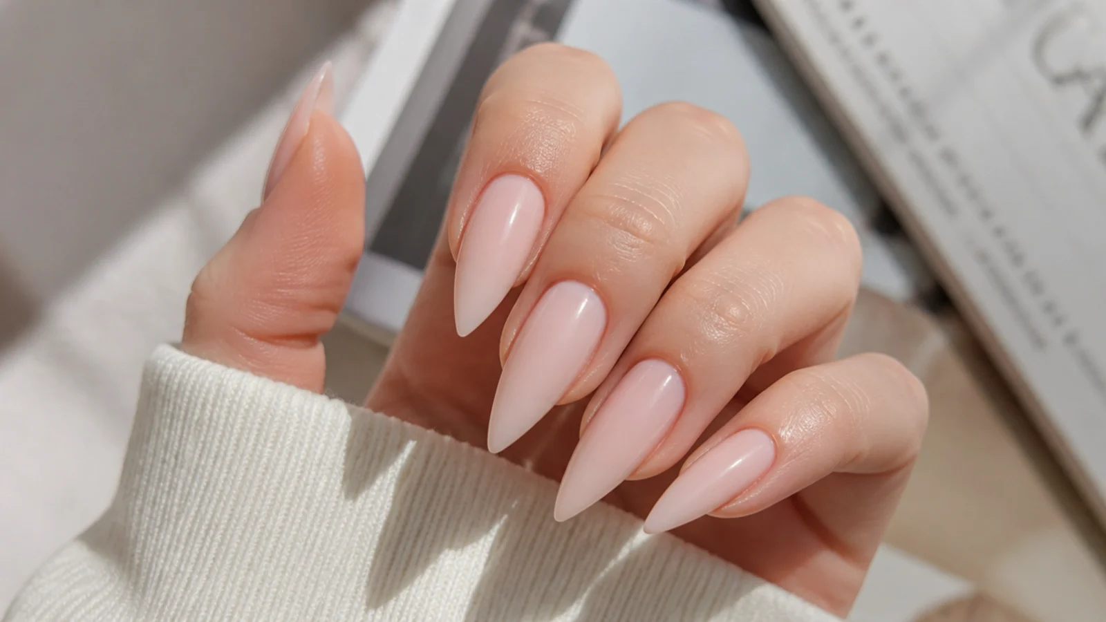 Long stiletto nails in milky nude tapering to a sharp point with a glossy finish