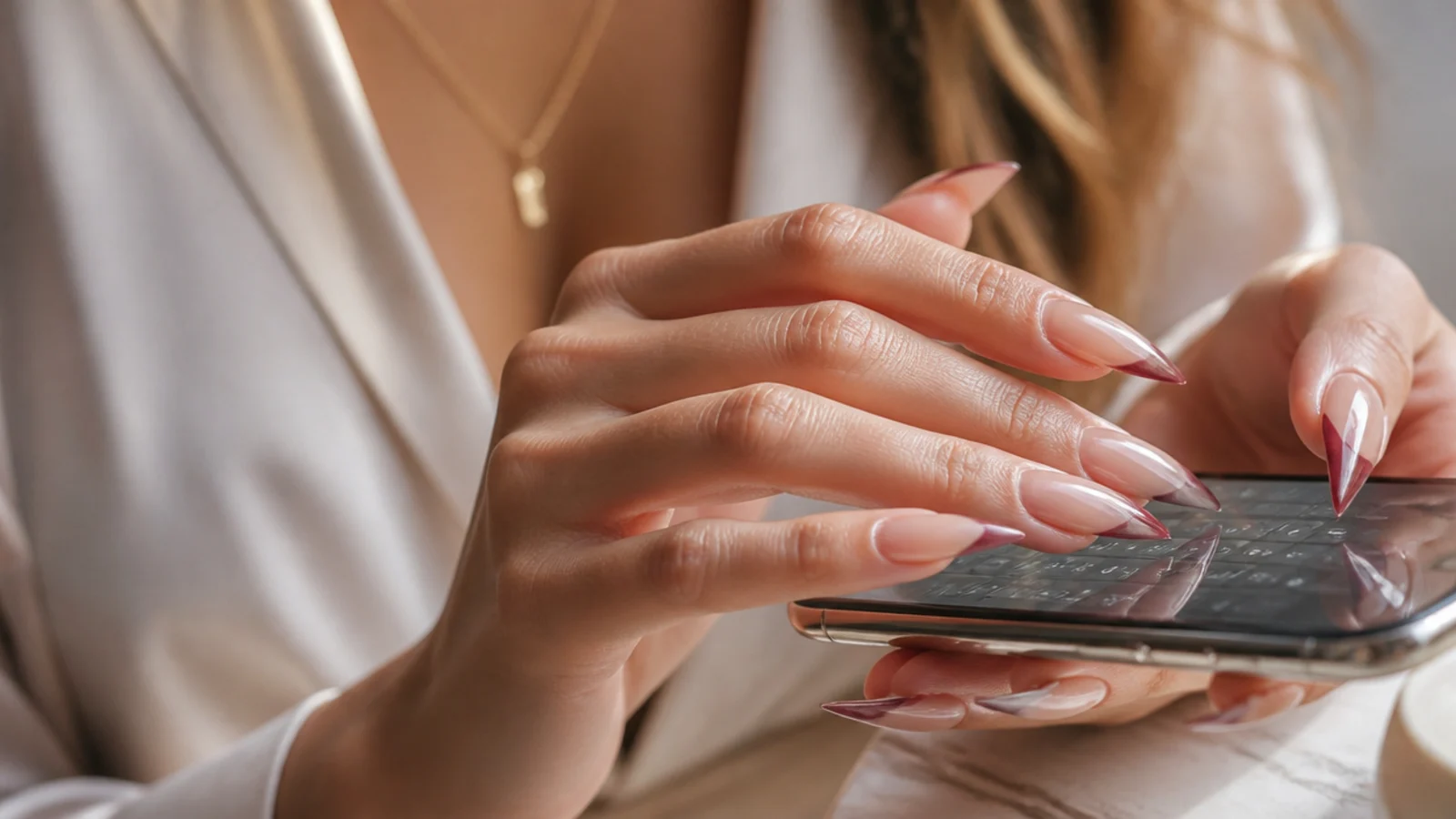 Hand with long stiletto nails typing on a phone screen using the pads of the fingers