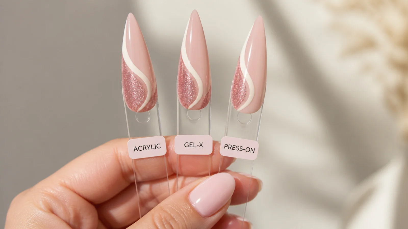 Three stiletto nail samples side by side in acrylic, Gel-X and press-on for comparison