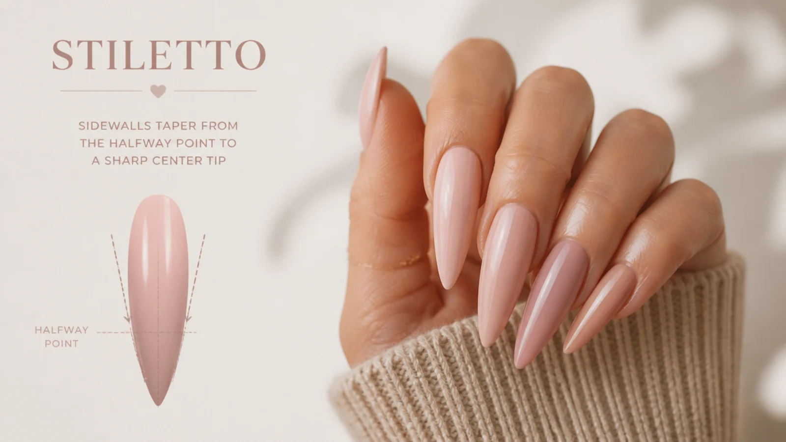 Stiletto nail shape diagram showing sidewalls tapering from the halfway point to a sharp center tip