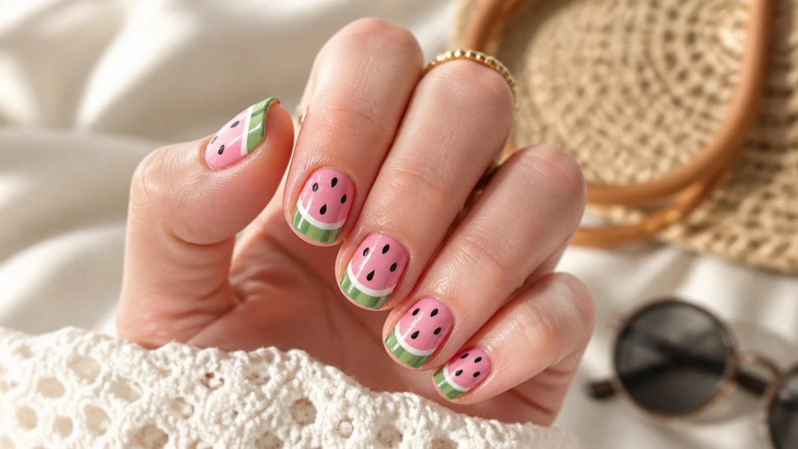 Short summer nails with watermelon slice art in pink and green with black seed dots