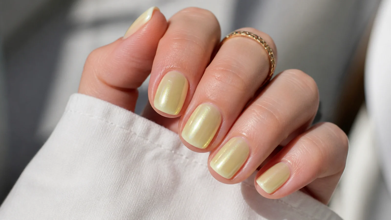 Short glazed butter yellow nails with a soft pearl chrome sheen over a pale yellow base