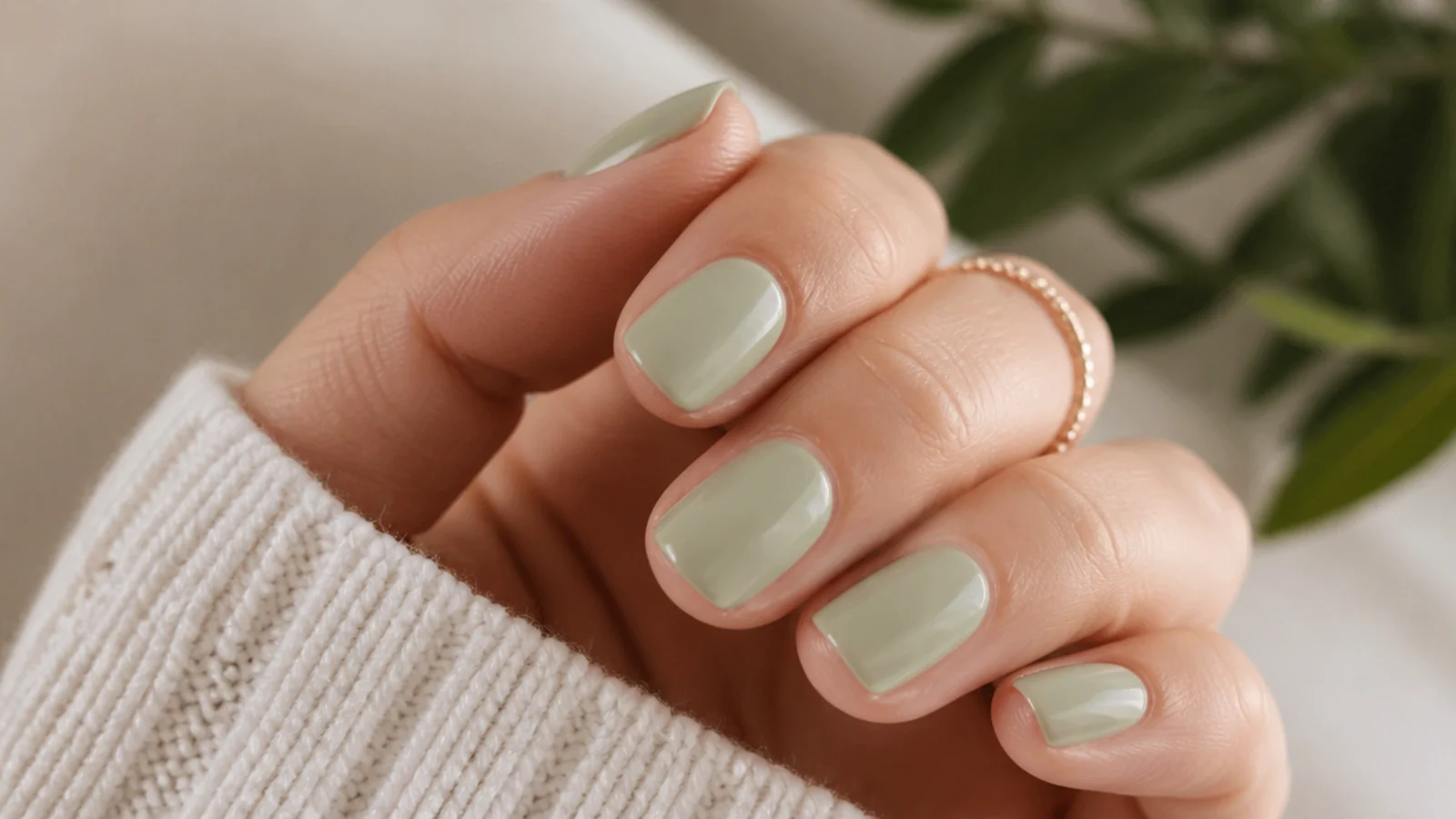Short milky matcha green nails with a soft sheer sage finish