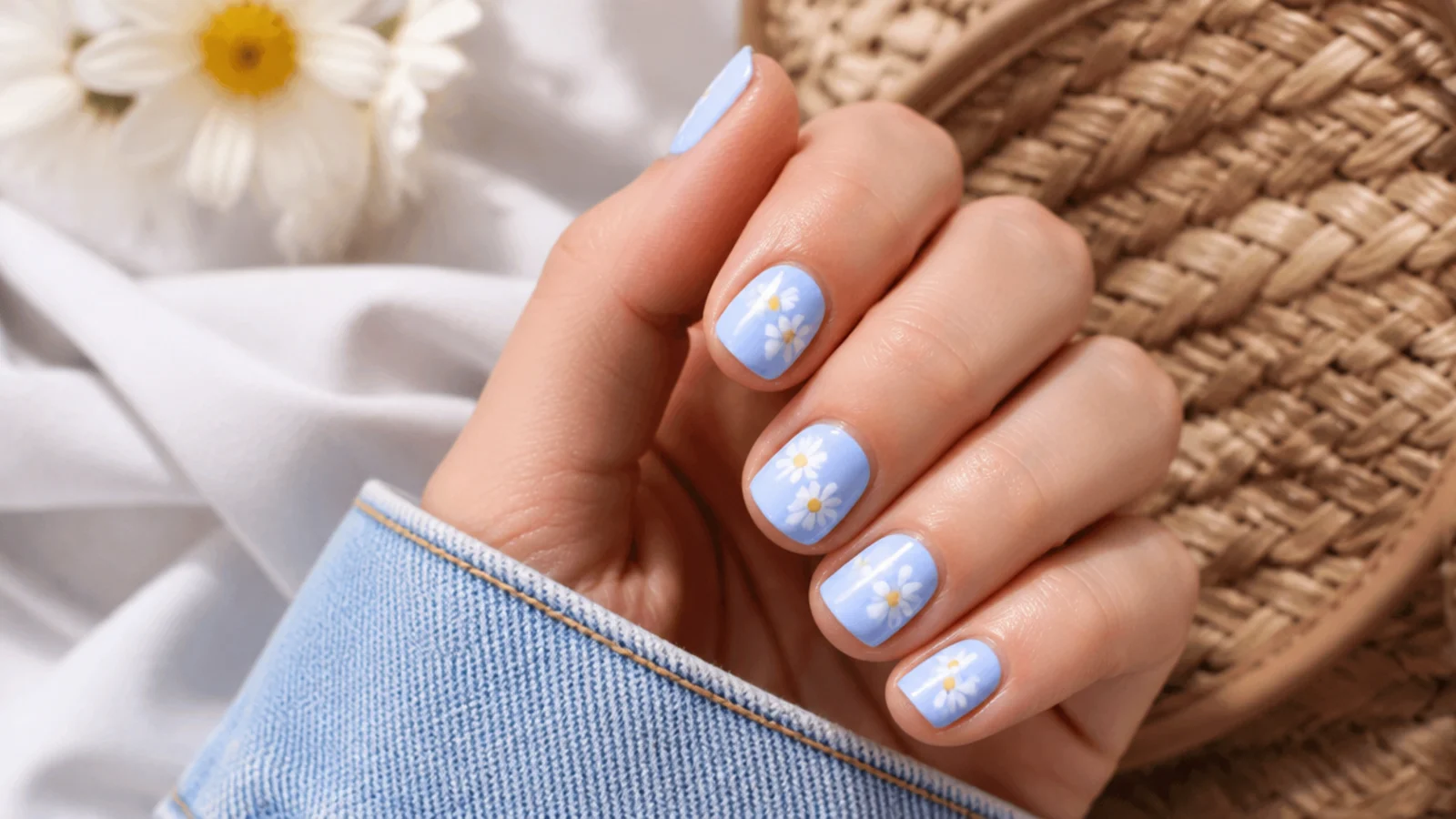 Short baby blue summer nails with small white five-petal daisies and yellow centers