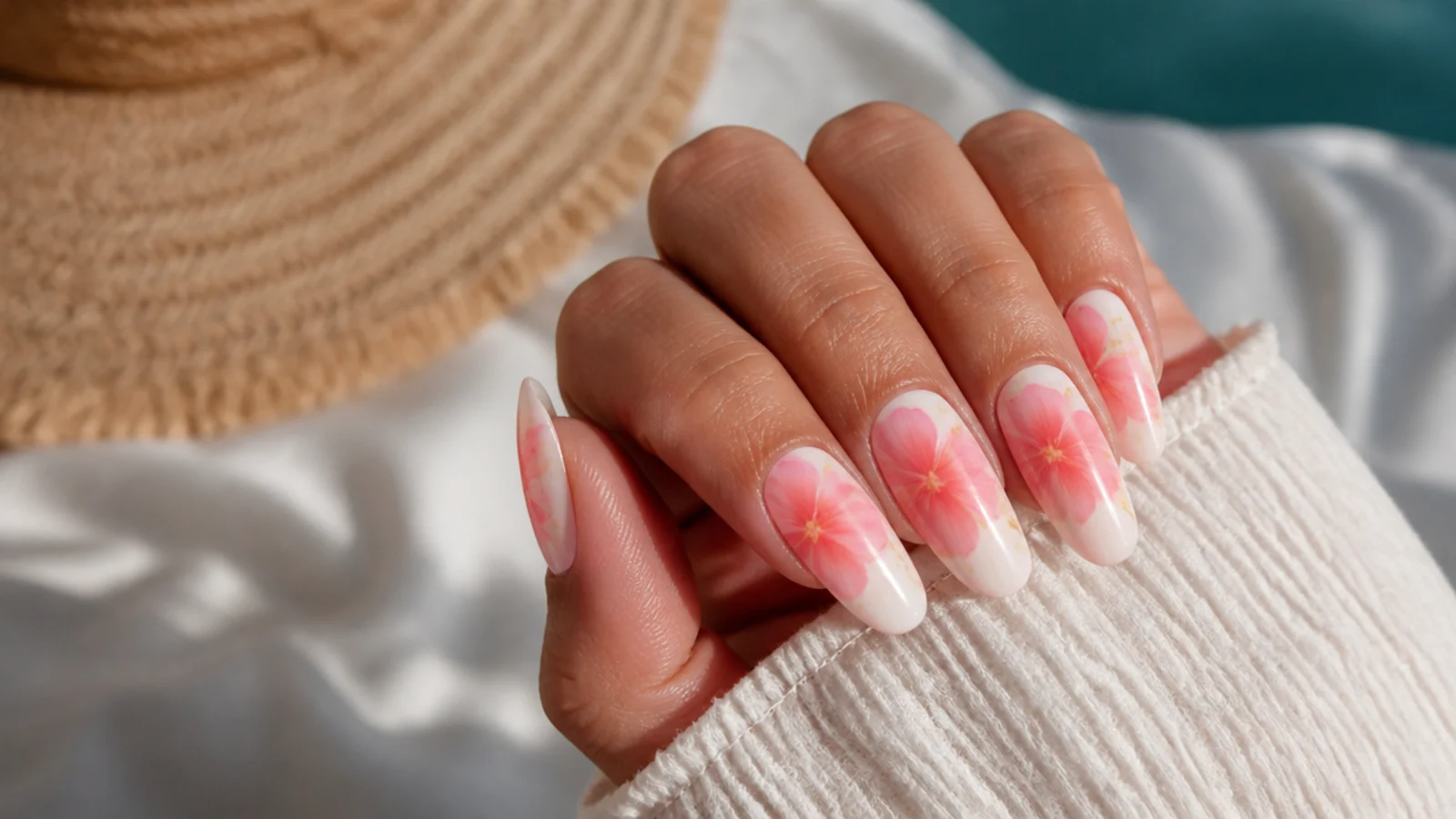 Long summer nails with airbrushed pink and coral hibiscus flowers on a cream base