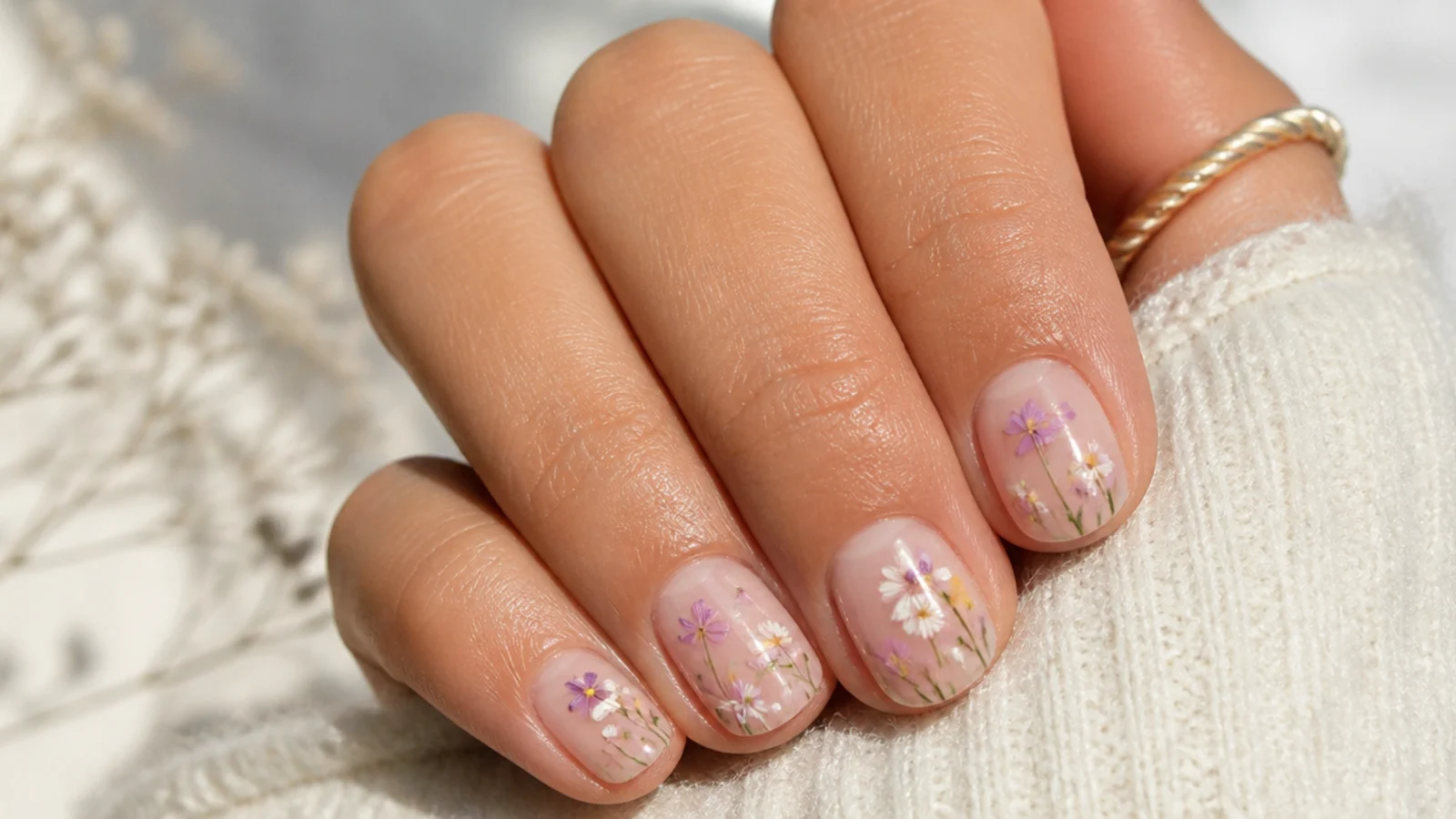 Short summer nails with tiny hand-painted wildflowers in lilac, white and yellow over a nude base