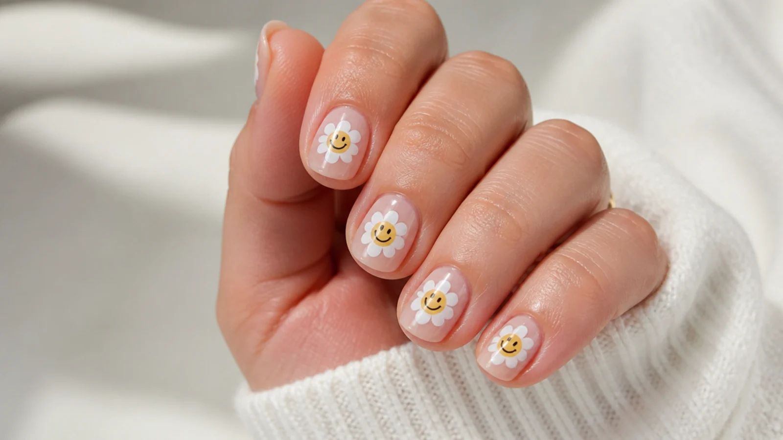 Short summer nails with yellow smiley faces inside white flower outlines on a pale base