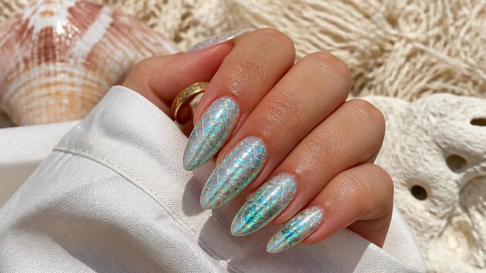 Long summer nails with iridescent blue-green ocean foil and a pearl scale effect