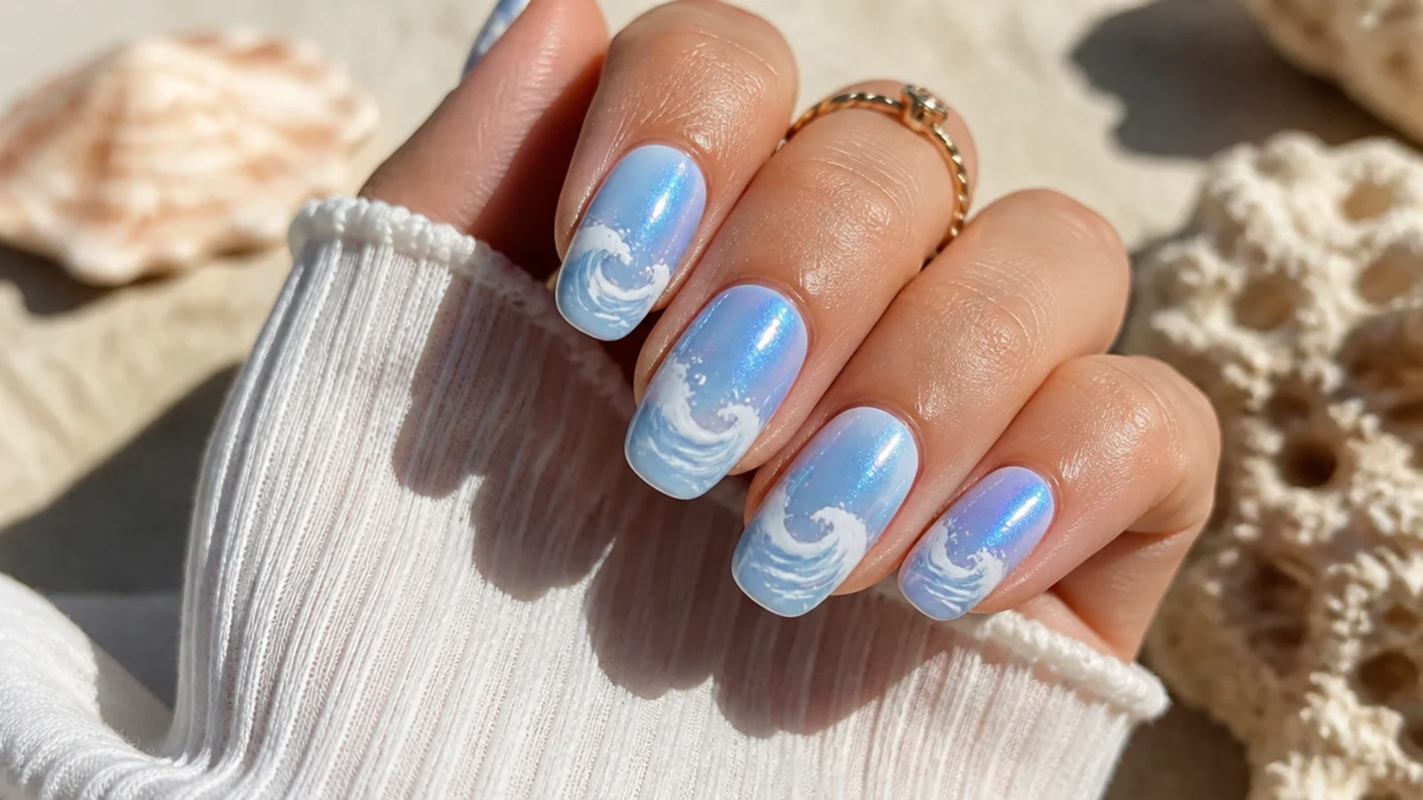 Medium summer nails with blue chrome and a hand-painted white ocean wave over a sky base