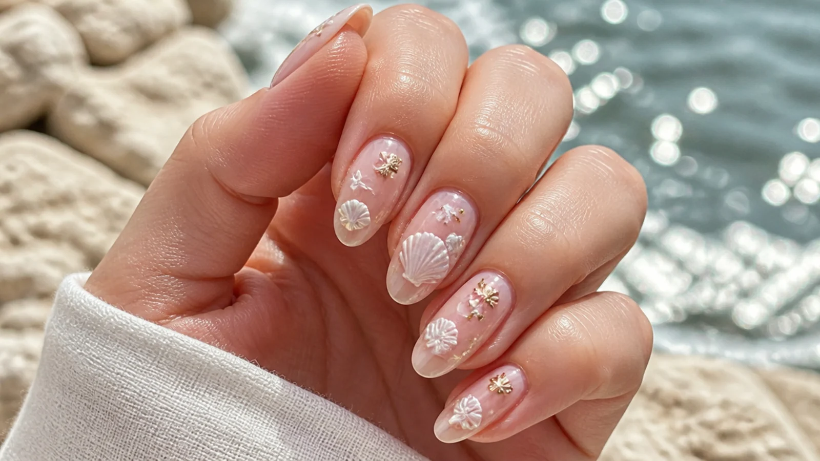 Medium nude summer nails with pearly hand-painted seashells and gold accents