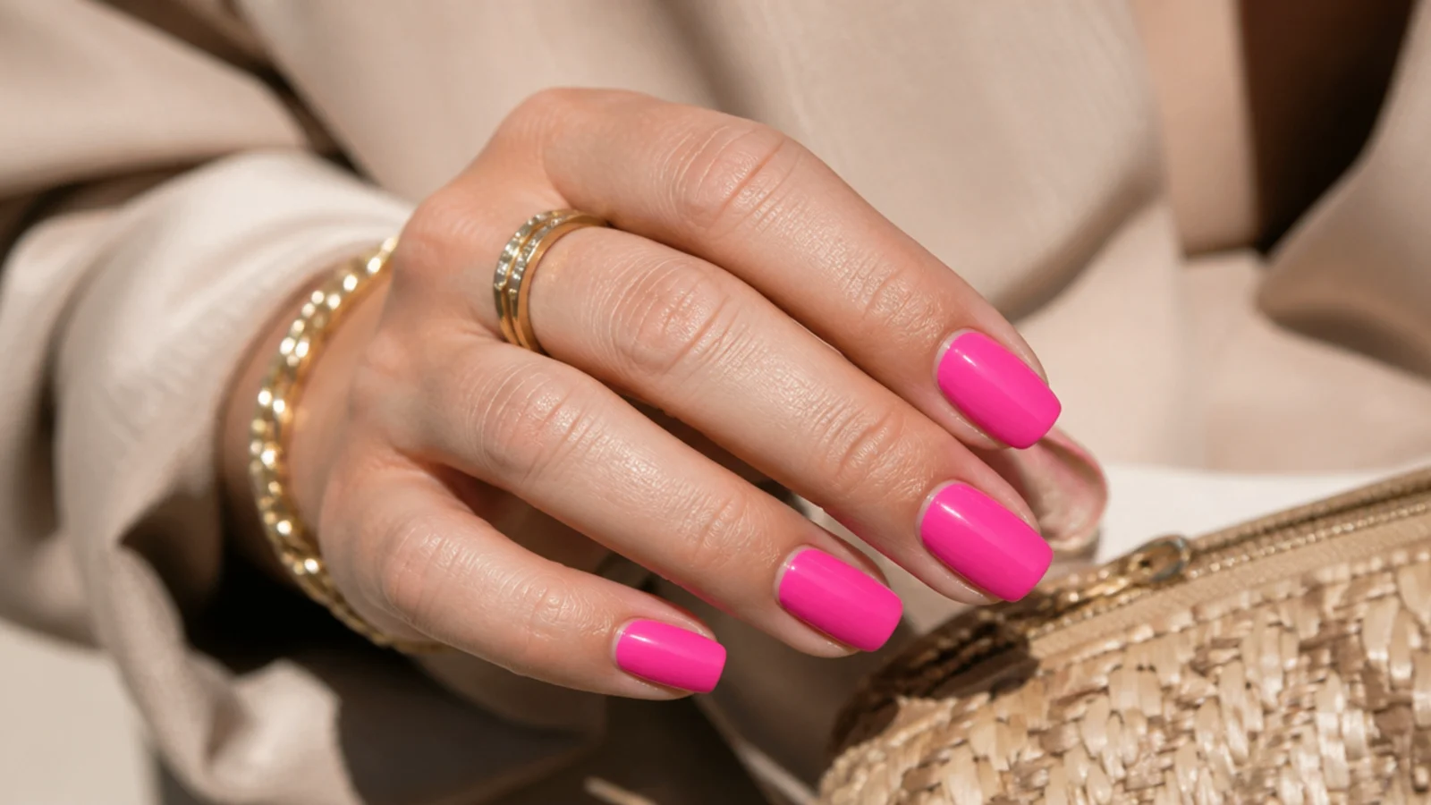 Medium hot pink summer nails in a glossy opaque single tone