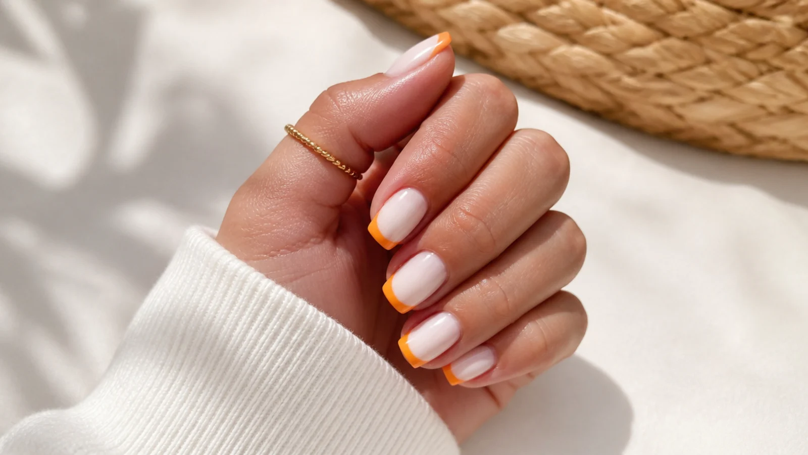 Short summer nails with neon orange French tips over a milky white base