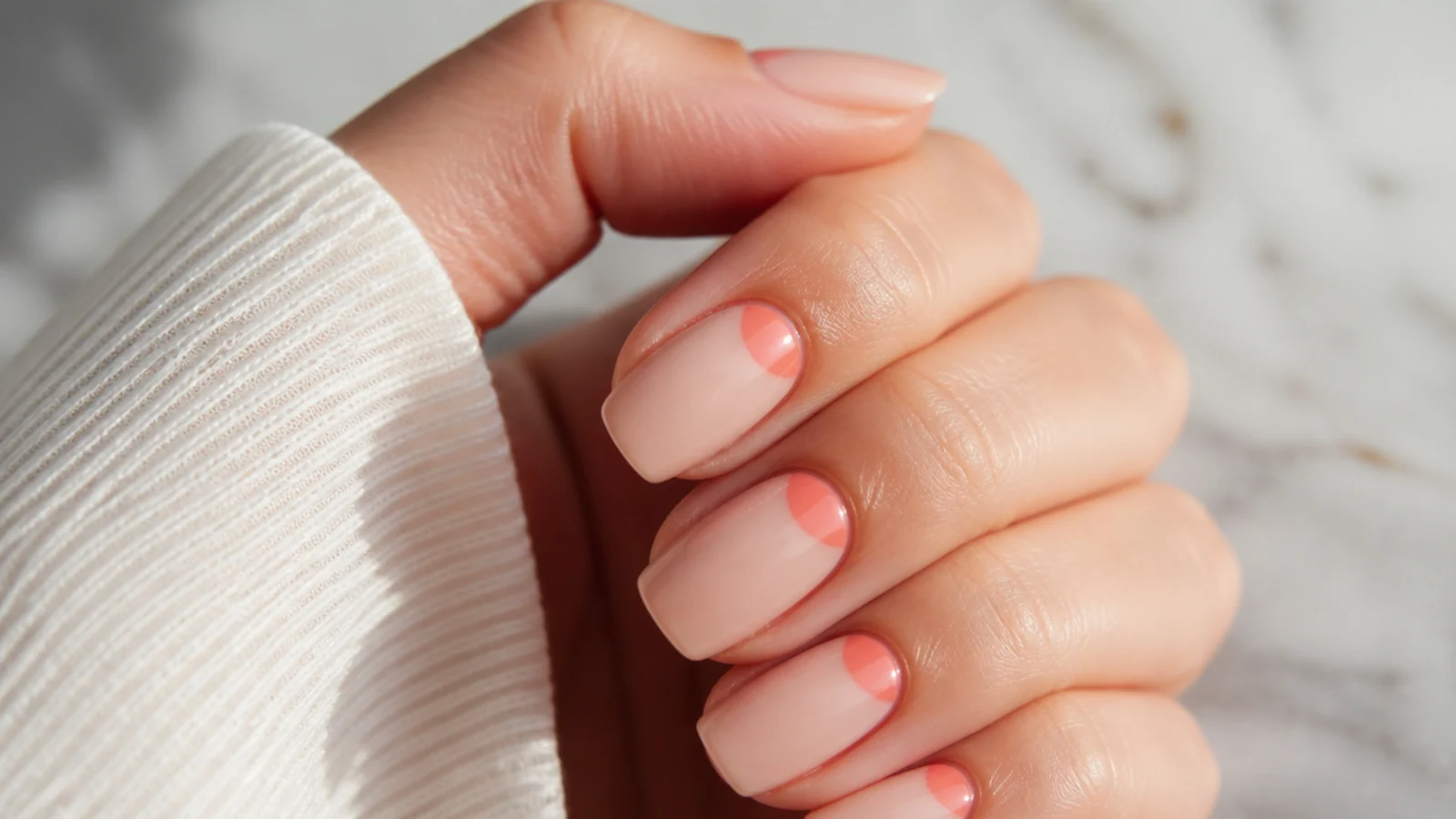 Medium summer nails with a coral half-moon reverse French at the cuticle on a nude base