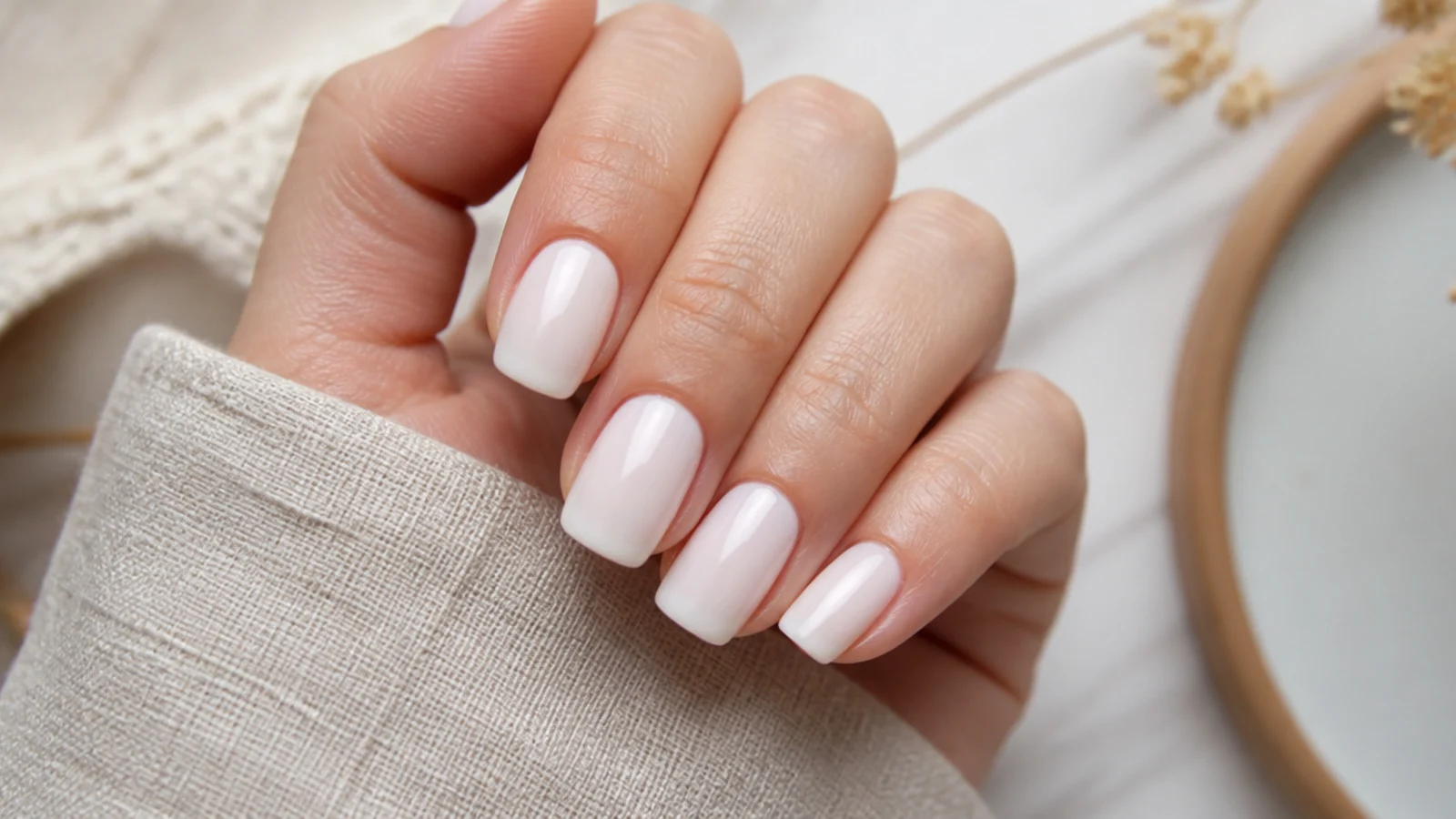 Medium milky white summer nails with a soft cream sheer finish