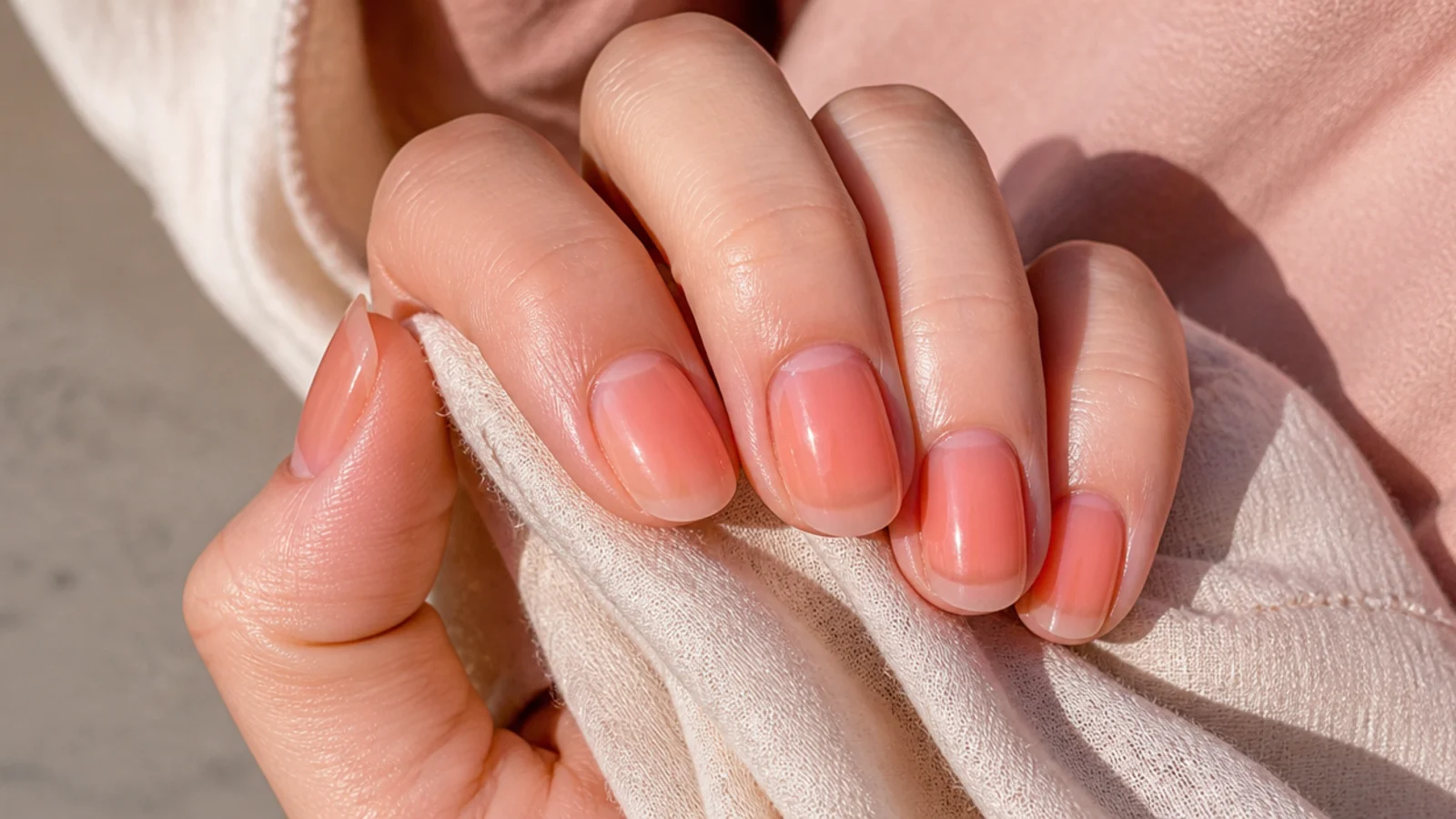 Short summer nails in translucent peach sorbet jelly with the natural nail visible through the tip