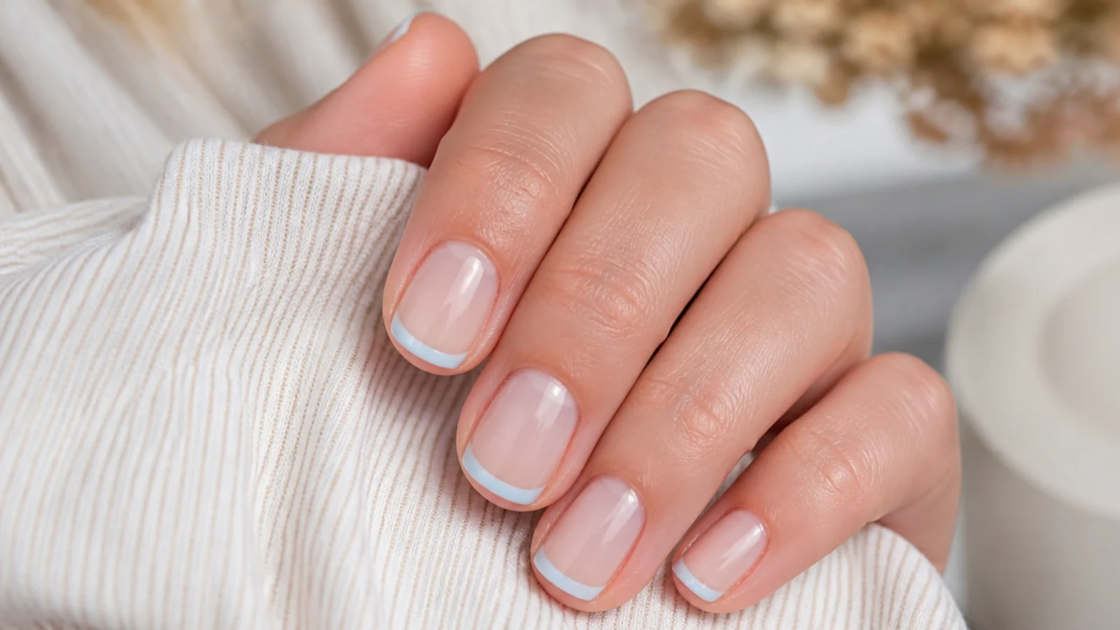 Short summer nails with a hairline sky blue micro French tip on a bare nail