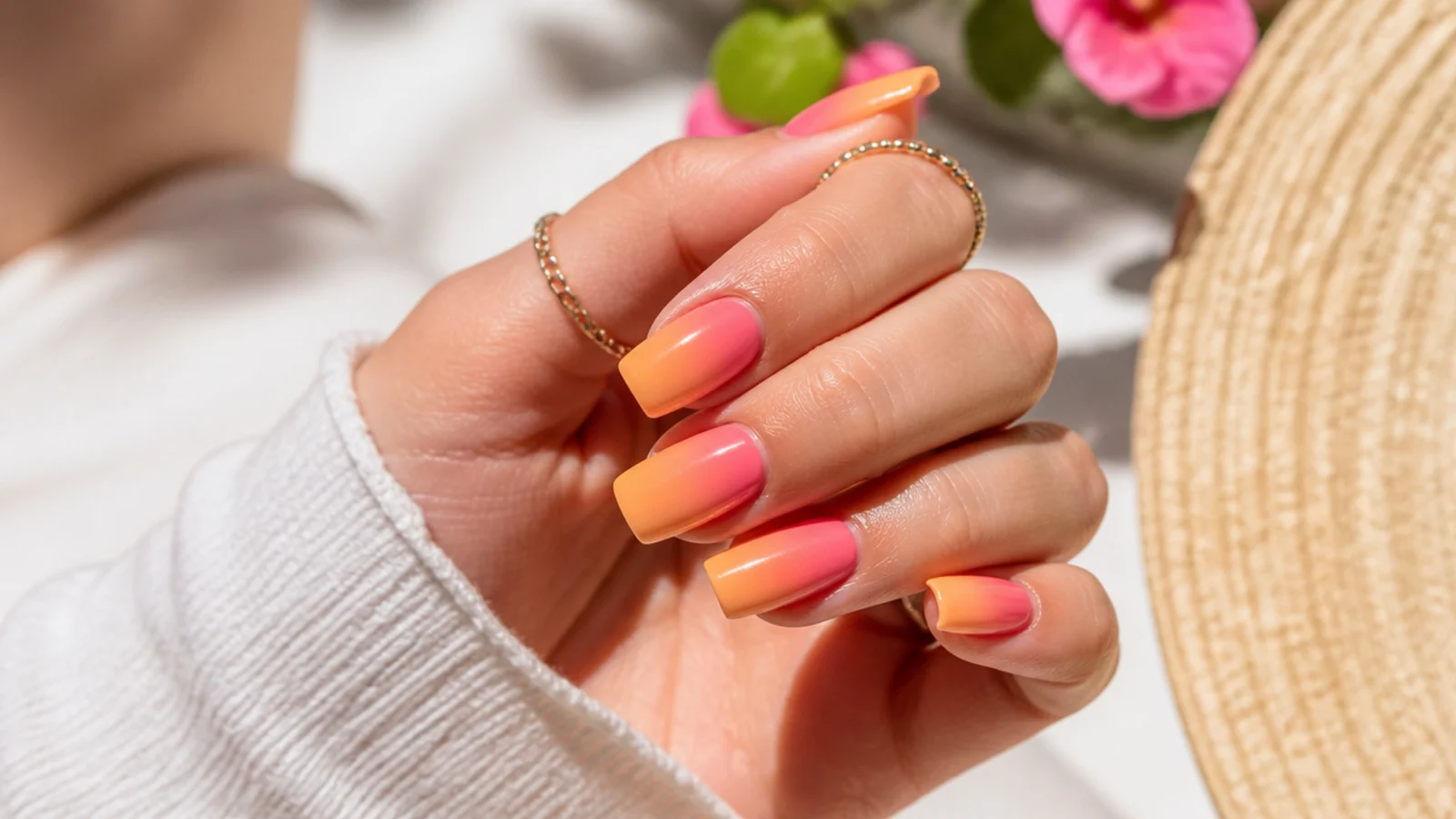 Long summer nails with a pink to orange to yellow sunset ombre gradient