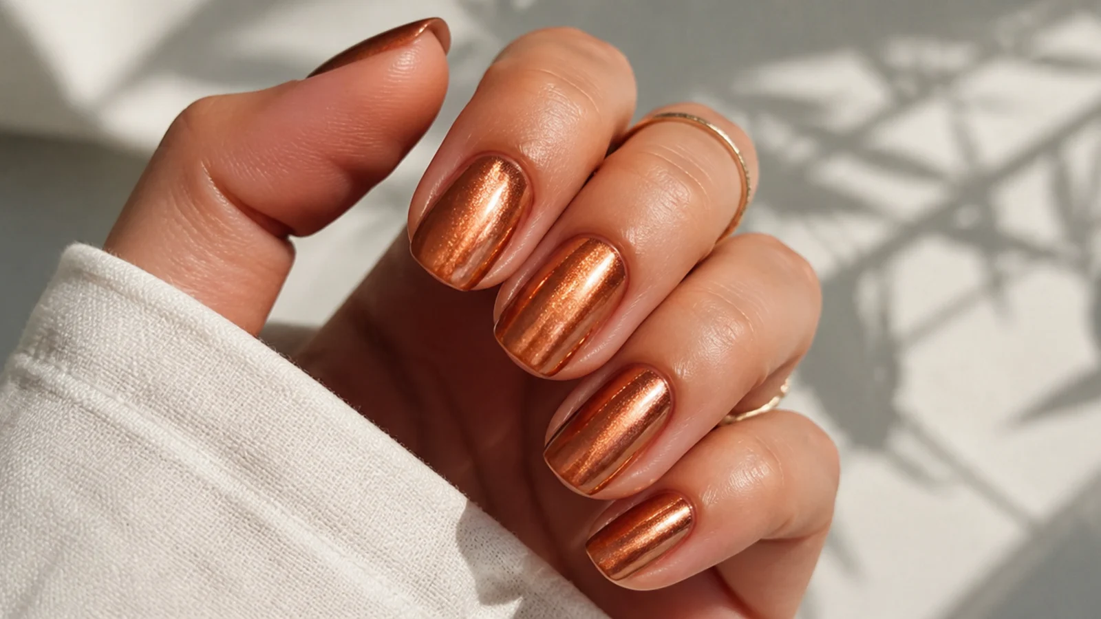 Medium summer nails in earthy terracotta with a warm bronze chrome sheen