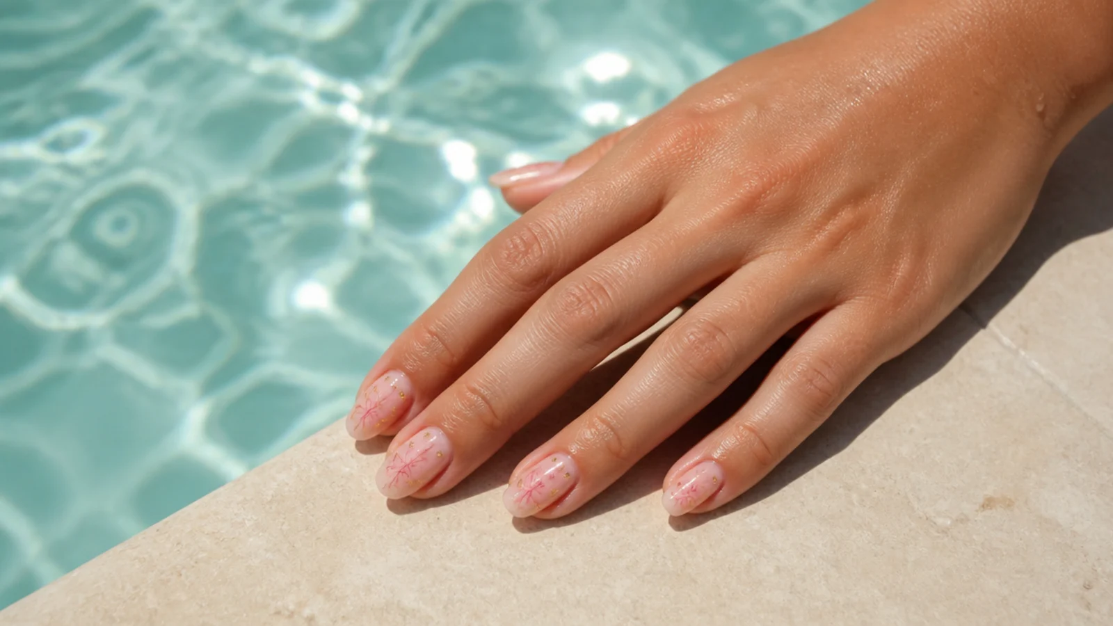 Hand with glossy summer nails resting on the edge of a swimming pool