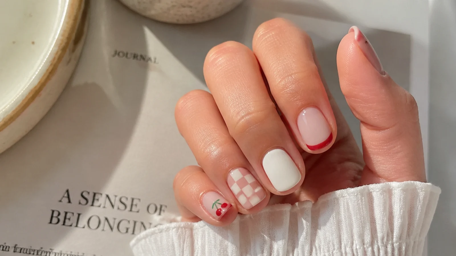 Short summer nails compared in cherry French, checkerboard and milky white finishes