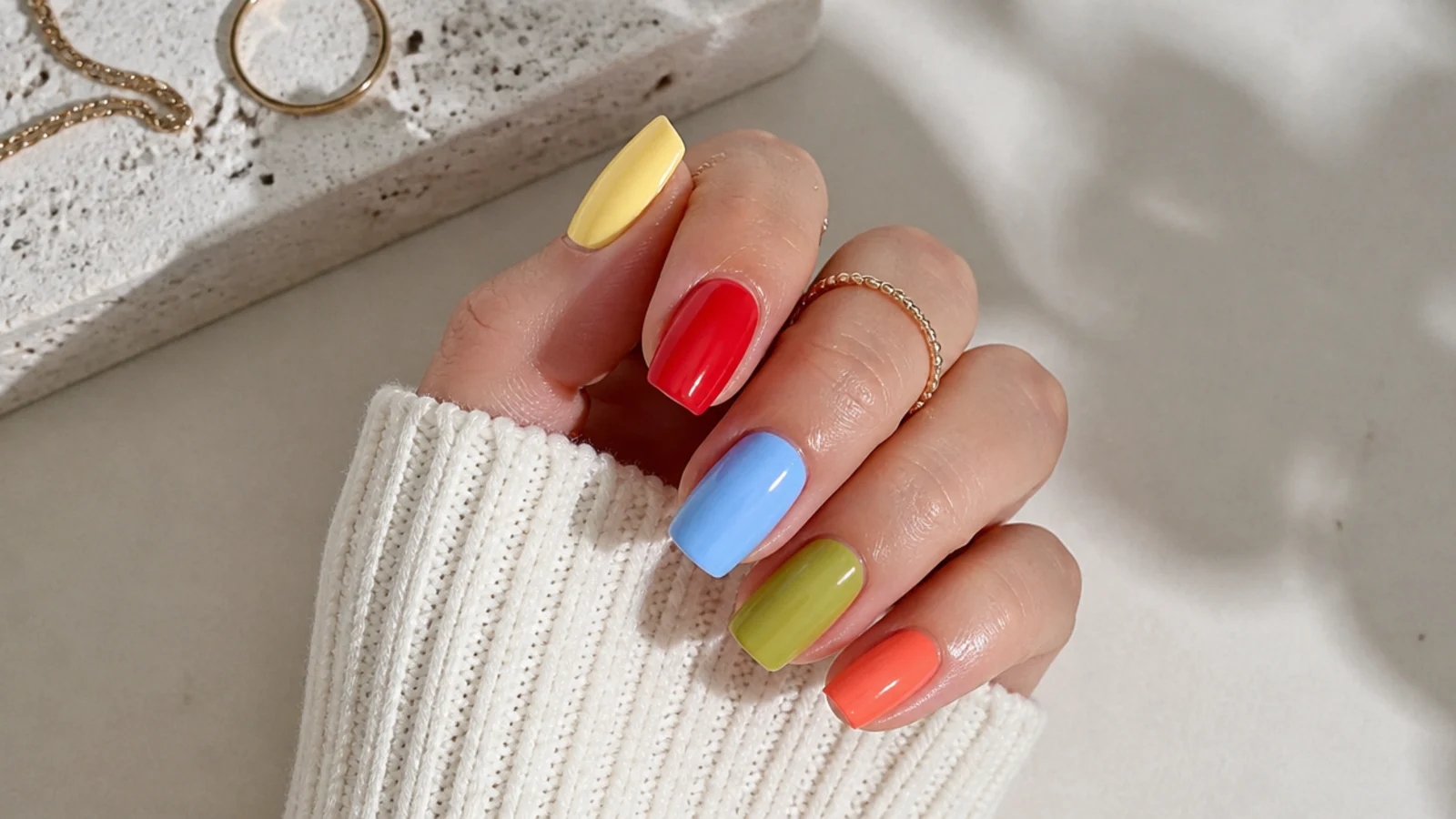 Summer nail polish shade swatches in butter yellow, cherry red, sky blue, matcha and coral