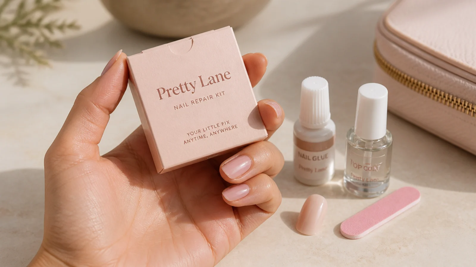 Small travel nail repair kit with glue, a file, top coat and a spare press-on