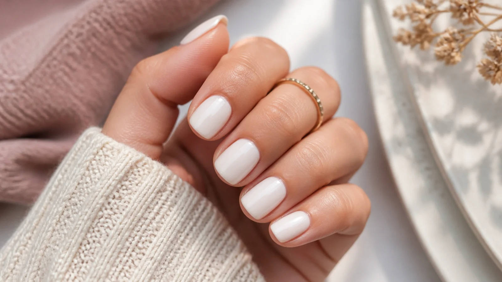 Coconut milk white nails with a warm cloudy off-white finish on short squoval nails