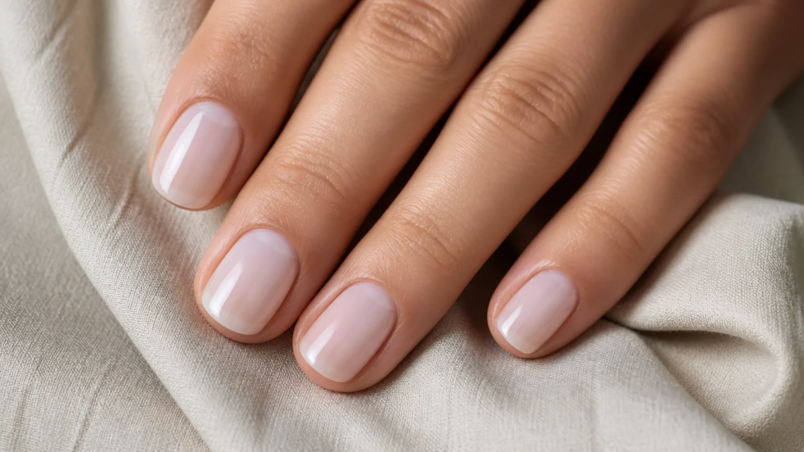 Short natural nails with a sheer milky white wash showing the nail through the polish