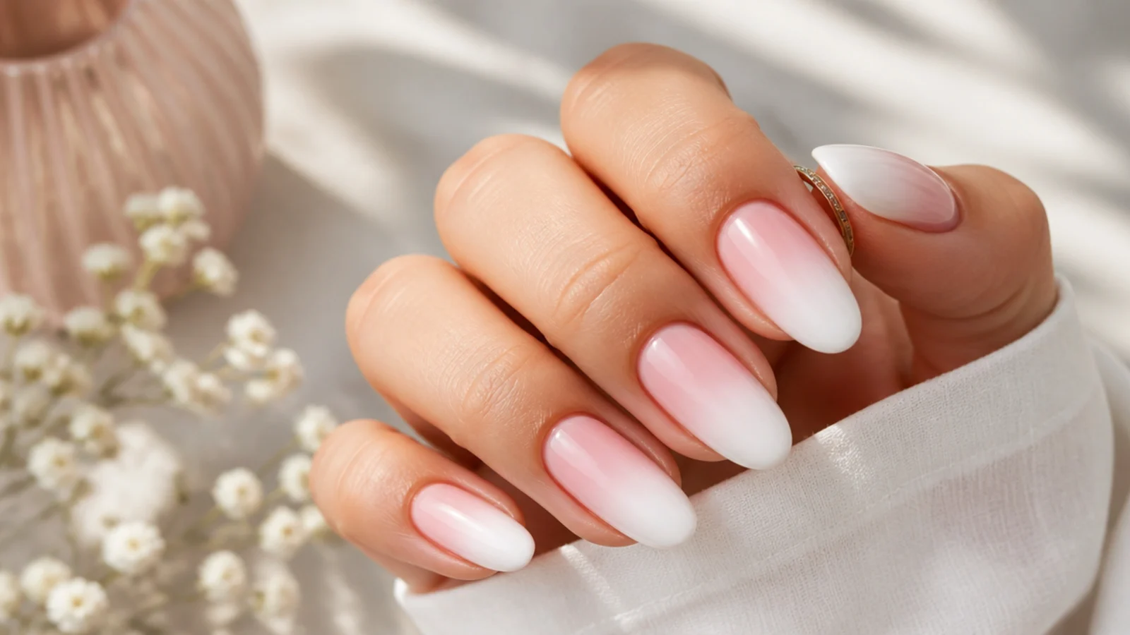 White to nude ombre nails fading from a pale nude cuticle to a soft white tip