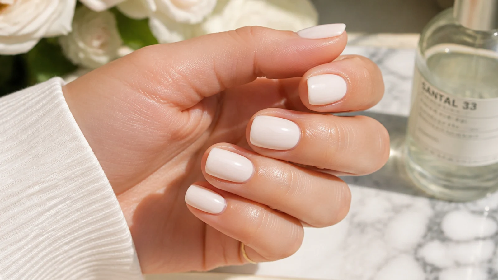 Soft neutral white nails in a warm cloud-toned off-white with a clean glossy finish