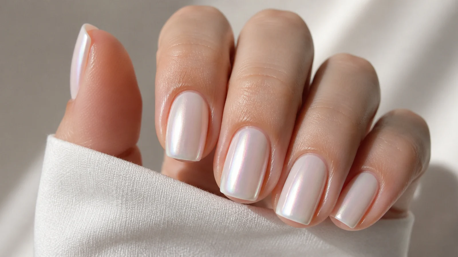 Pearl white nails with a soft iridescent sheen shifting pink and blue in the light