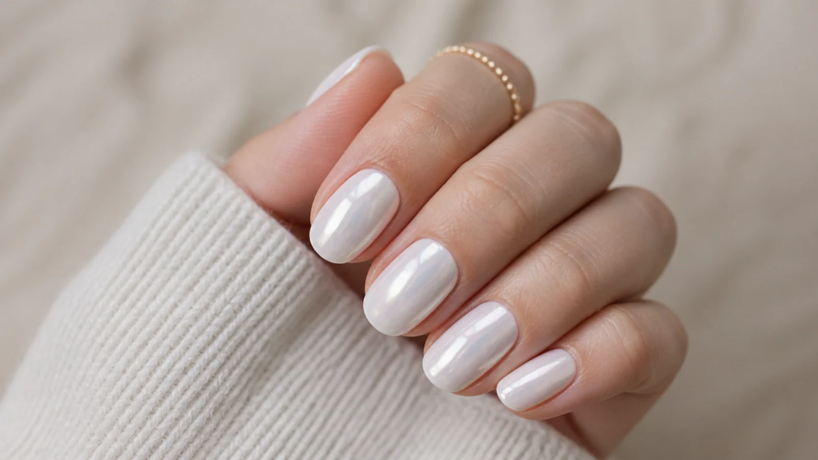 Glazed white chrome nails with a soft pearlescent mirror sheen over a milky base