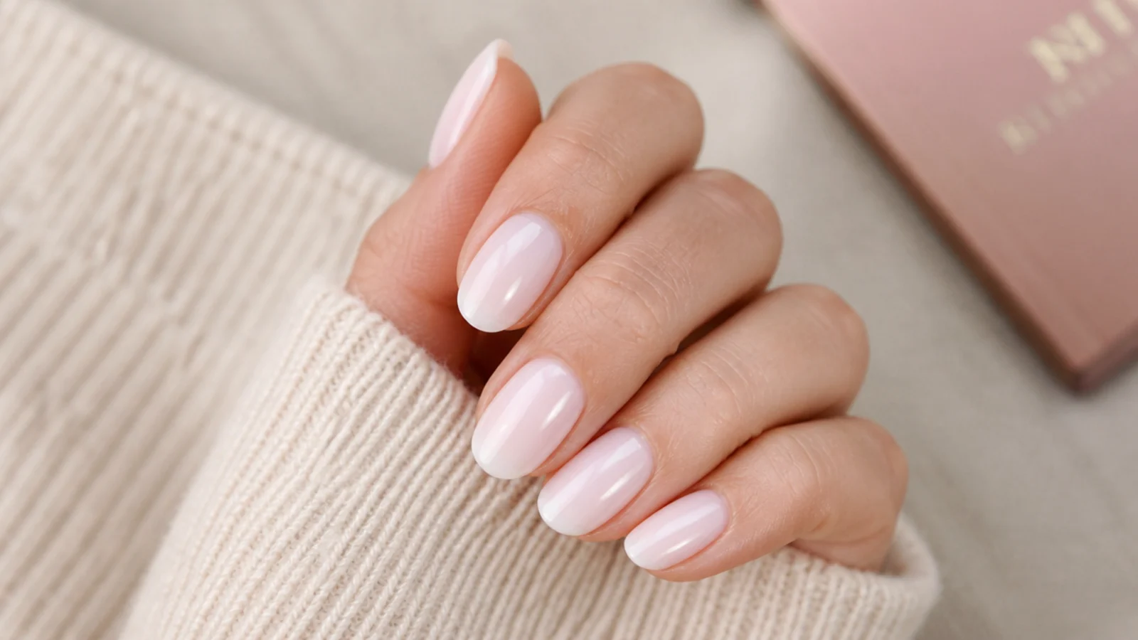 White aura nails with a soft white halo airbrushed into the center of a sheer nude base