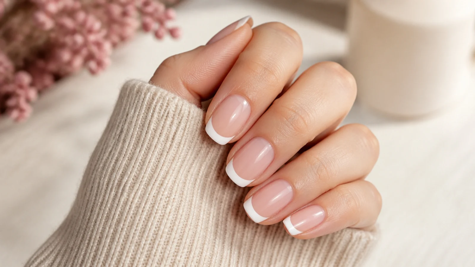 Classic white French tip nails with a crisp white smile line on a sheer pink base