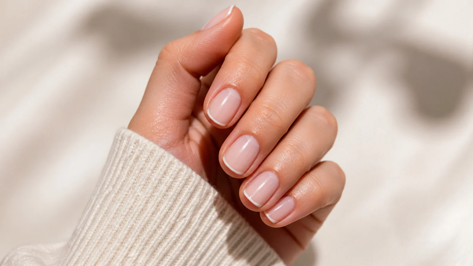 Short nails with a hairline white micro French tip on a bare natural nail