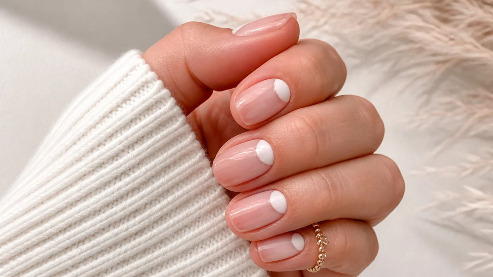 Reverse white French nails with a white half-moon painted at the cuticle instead of the tip