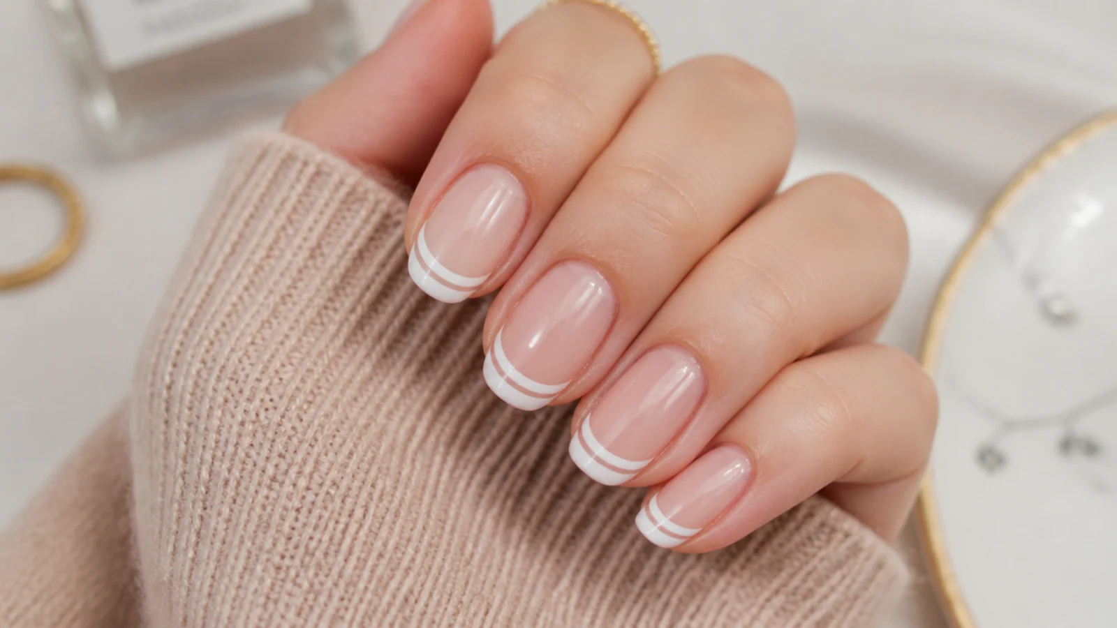 Double white French nails with two thin white lines framing the tip on a sheer base