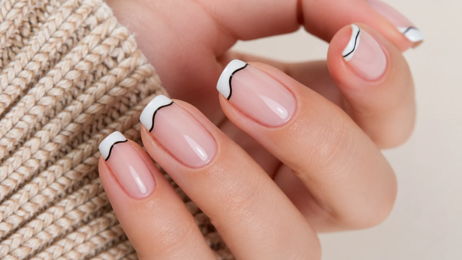 White nails with a thin black wavy line accent over a white French tip on a sheer base