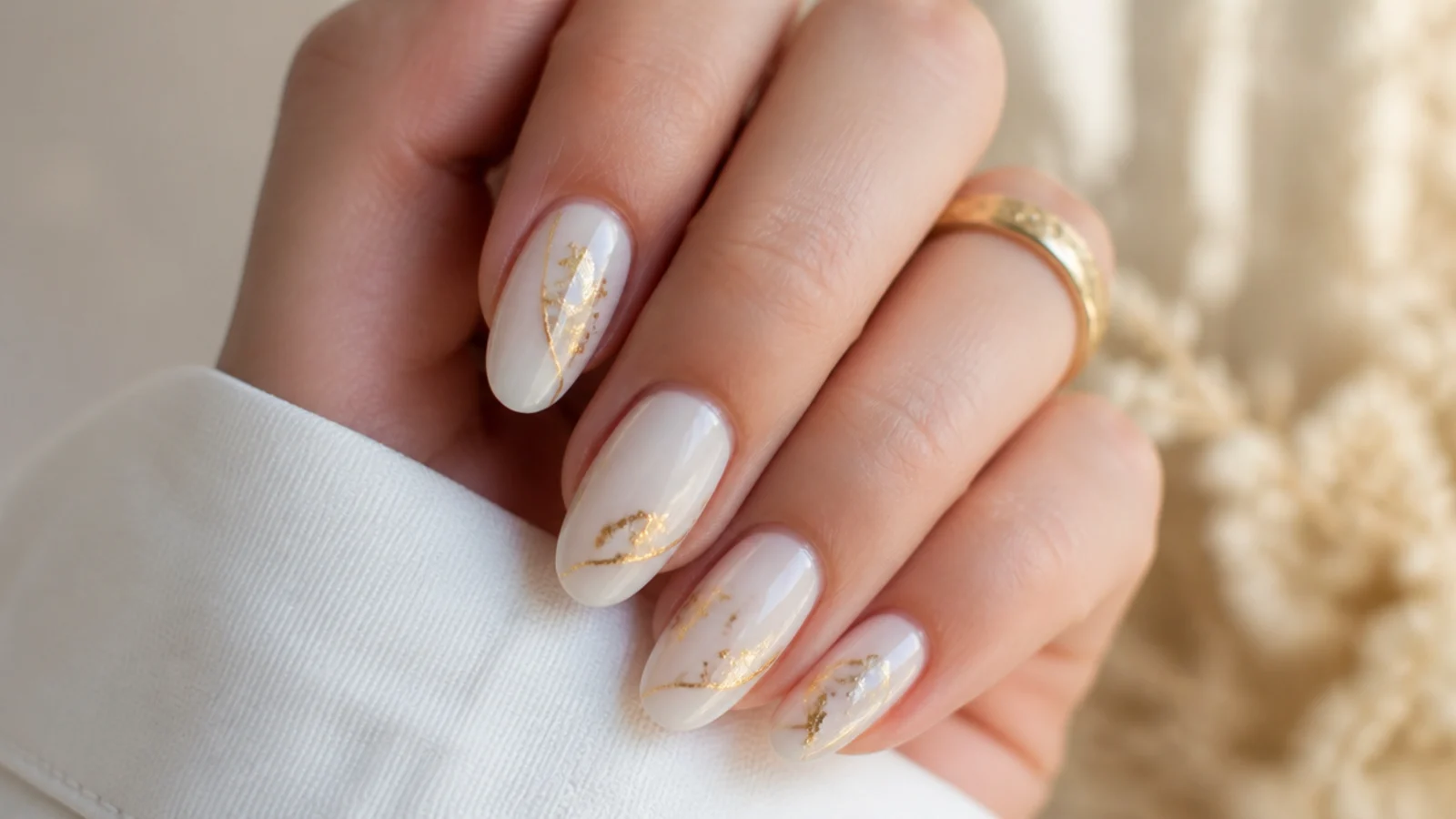 White and gold nail designs with thin gold foil lines over a milky white base