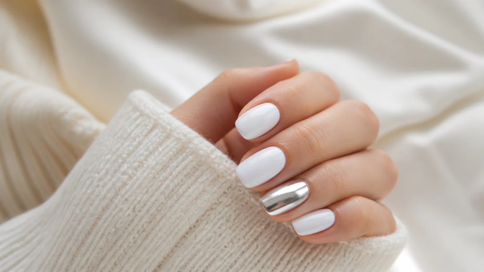 White nails with a single silver chrome accent nail among glossy white nails