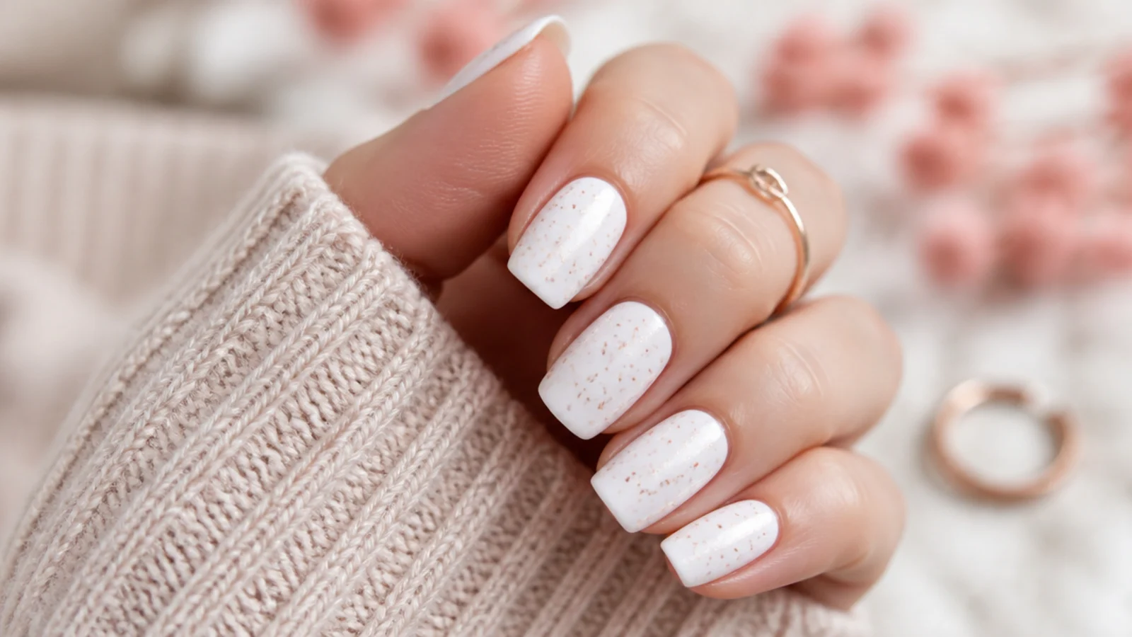 Matte white nails with fine rose-gold speckles scattered across a flat white finish