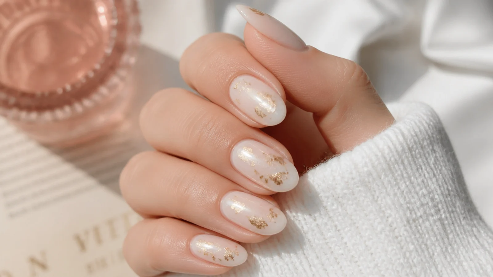 White nails with torn gold leaf foil fragments sealed under gloss on a milky base