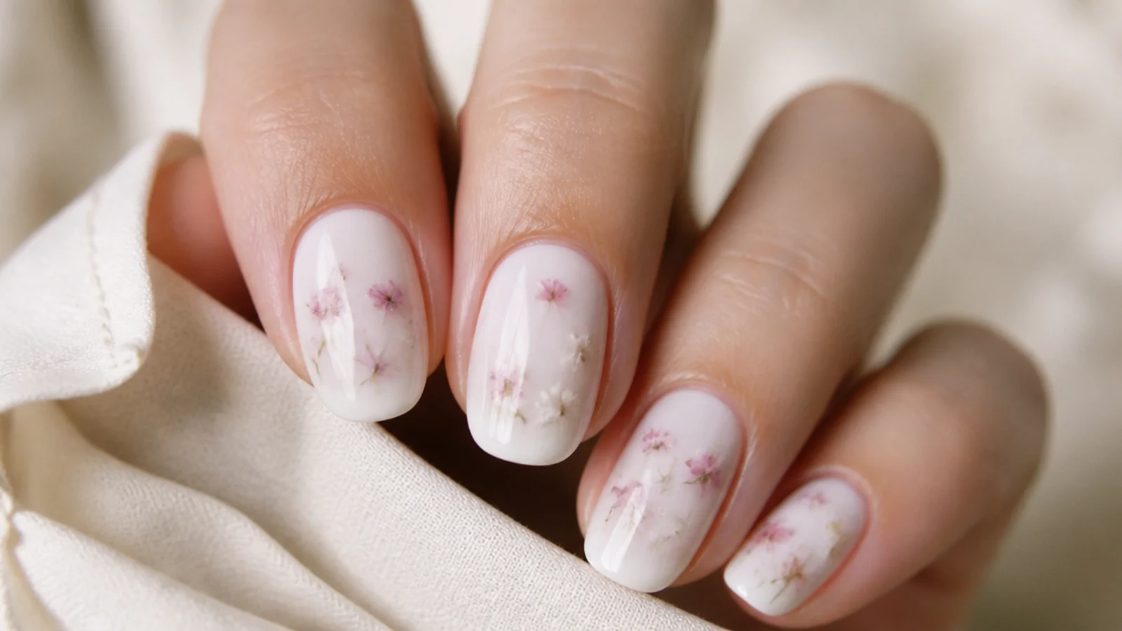 Milk bath white nails with tiny dried flower petals suspended under a cloudy white overlay