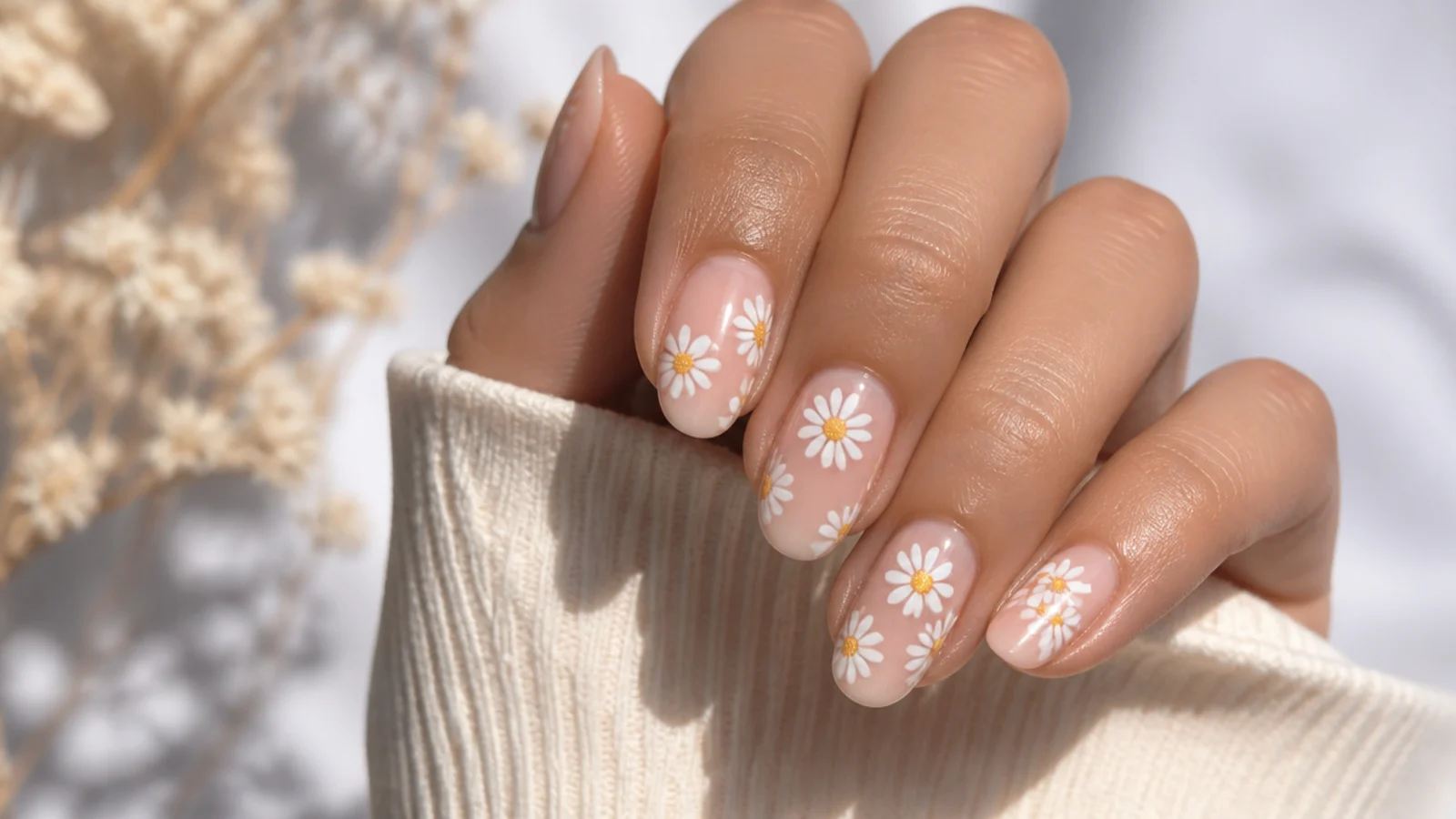 White daisy floral nails with small hand-painted white daisies and yellow centers on a sheer base