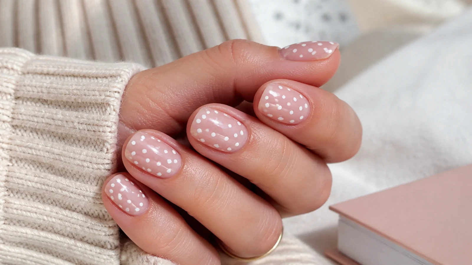 White polka dot nails with evenly spaced tiny white dots over a sheer nude base