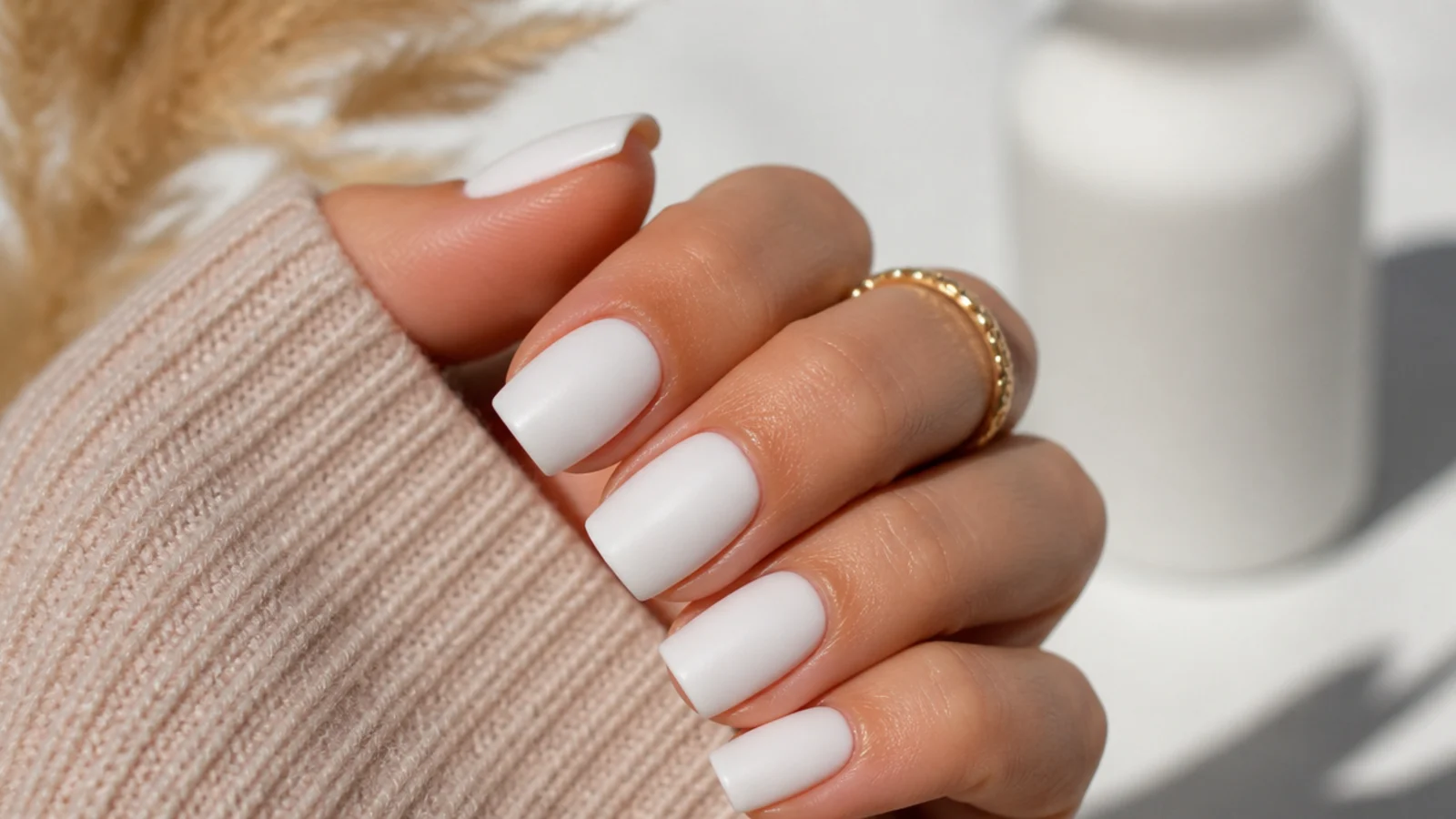 Matte white nails with a flat velvety finish on medium square nails