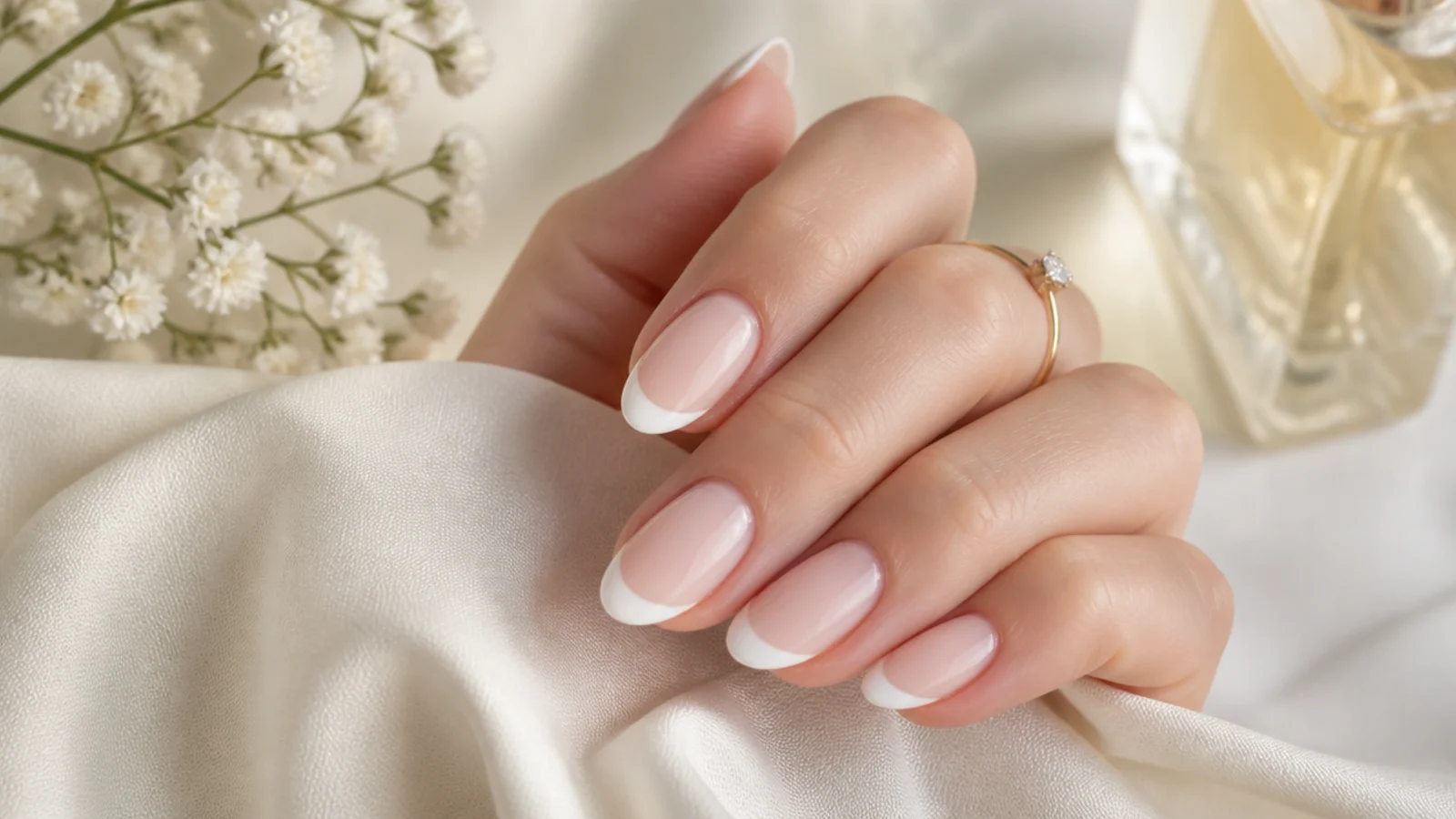 Bridal white French nails with a soft milky base and delicate white tips on almond nails