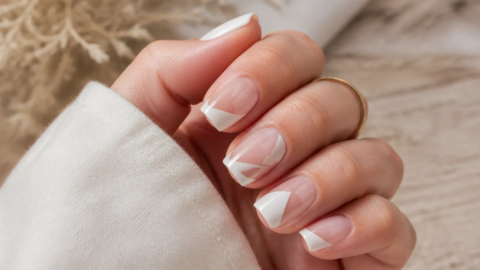 White negative space nails with white geometric shapes leaving parts of the bare nail exposed