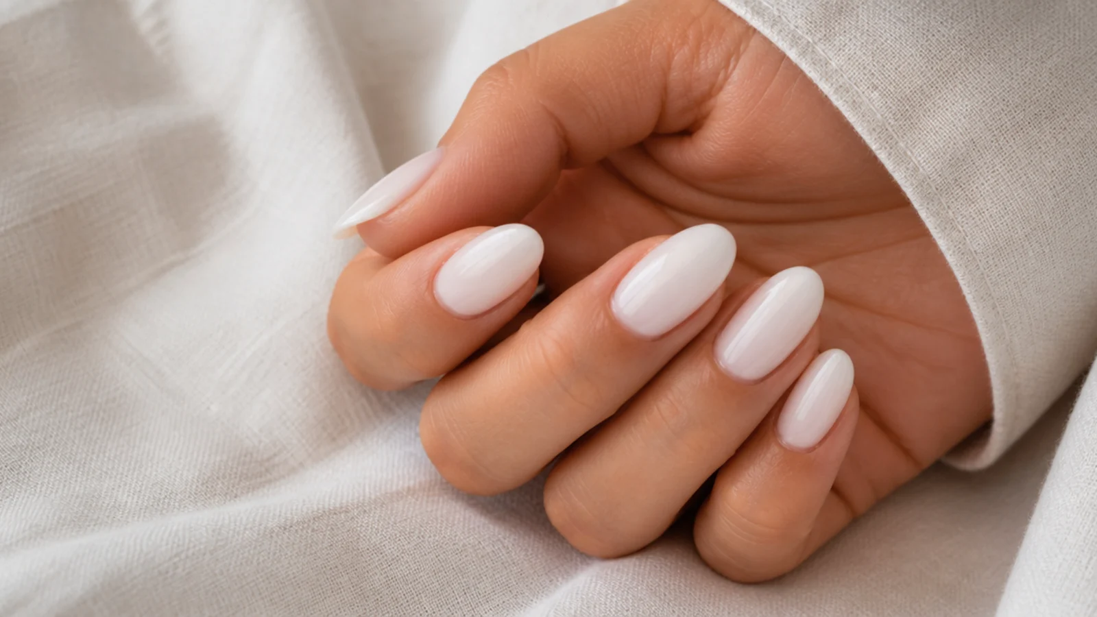 Milky white almond nails with a glossy finish resting on a pale linen background