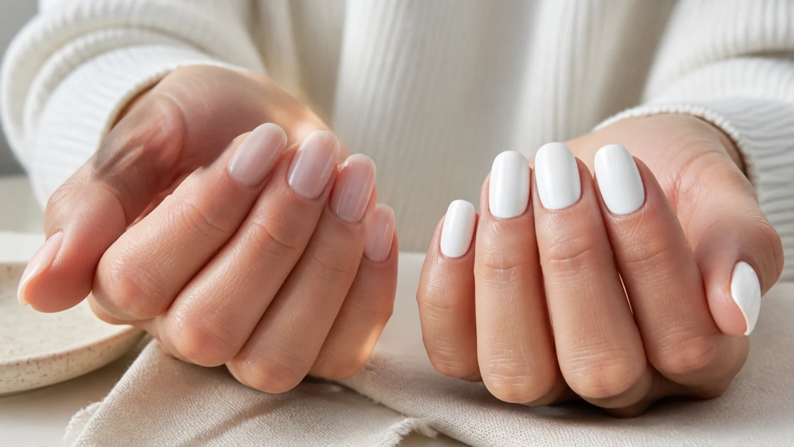 Two hands compared, one in sheer milky white and one in opaque bright white nails
